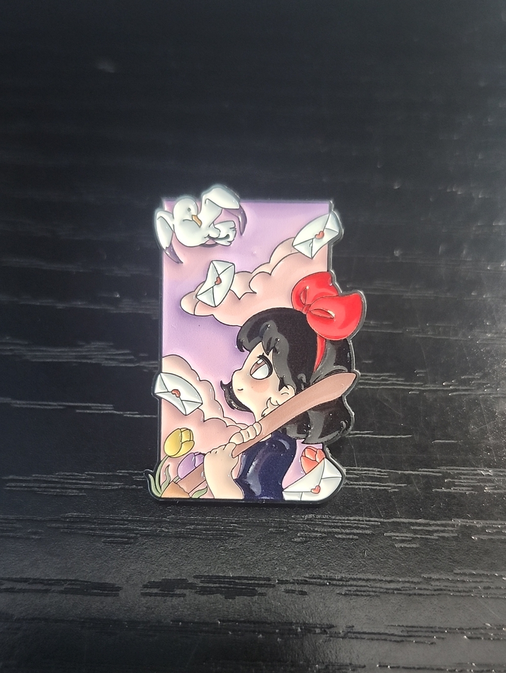 Studio Ghibli Inspired Kiki's Delivery Enamel Pin - Red Bow, Lavender Background